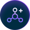 Abstract molecule icon with a plus sign in a blue circular background.